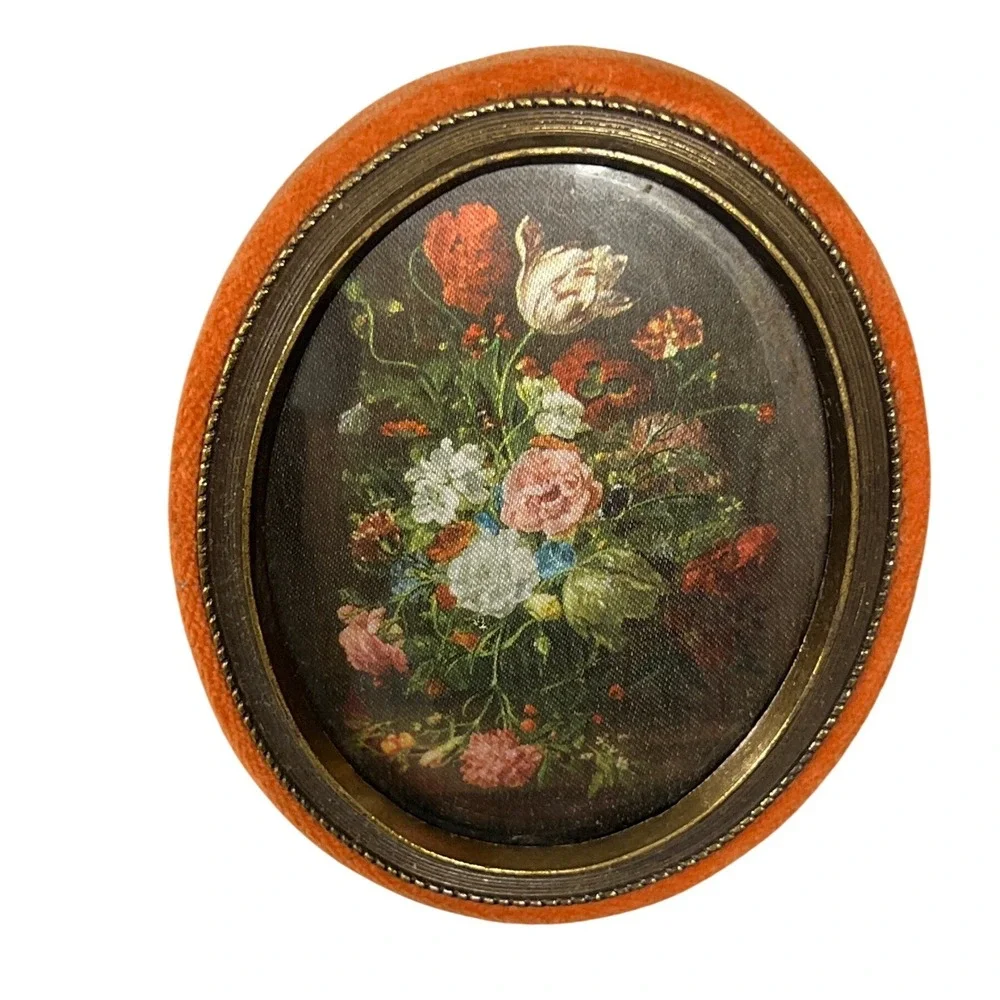 Vintage 60s Mini Florentine Floral Wall Plaque Orange Velvet Bezel Grannycore